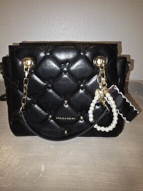 Black Quilted Satchel with Gold Chain & Pearl Charm -